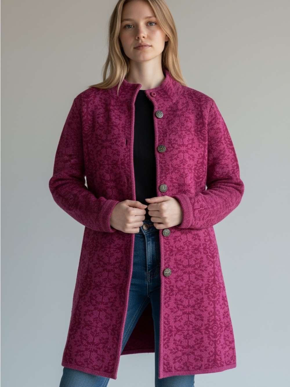 Sundance Womens Magenta Patterned Wool blend button down sweater Coat cardigan S